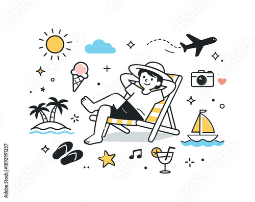 Summer Vacation Vibes. Summer travel mood. A person resting or walking during a summer vacation, with sun, clouds, and abstract holiday symbols floating
