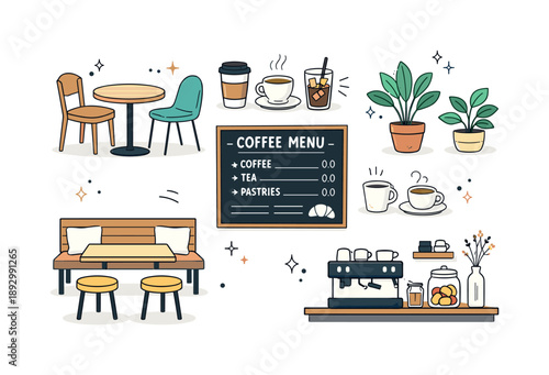 Stylish Coffee Shop Design. Coffee shop interior elements. Tables, chairs, cups, menu board, and plants arranged as a visual set. Simple and stylish cafe