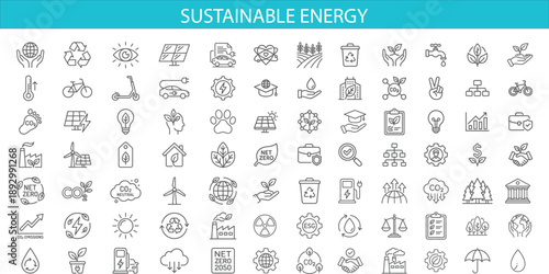 Sustainable ecology line icons set featuring recycling, renewable energy, electric vehicles, carbon neutral, net zero emissions, green technology, environmental protection symbols for infographiC