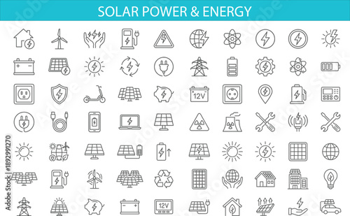 Minimal line energy icons set featuring solar power, renewable electricity, battery storage, charging stations, smart grid symbols for clean technology interfaces, infographics, and branding design.