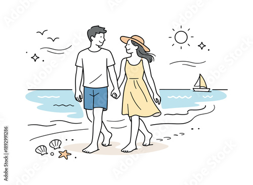 Coastal Stroll Bliss. Couple enjoying the coast. A relaxed walk along the beach with light breeze and simple summer outfits. Mood of freedom, warmth, and