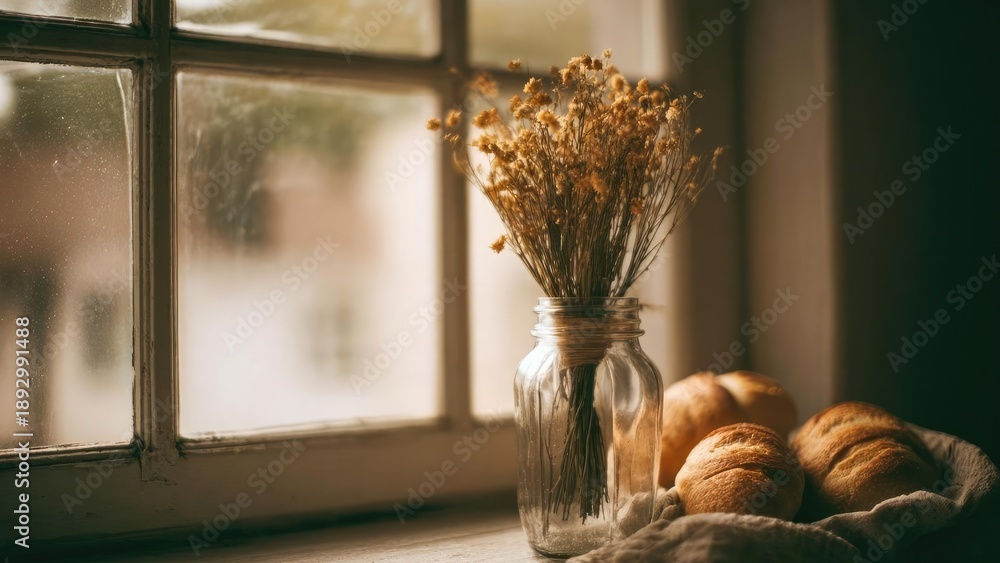 Naklejka premium Dried flowers in a twine-wrapped glass jar sit on a sunlit windowsill beside crusty bread rolls. Concept Sunlit Still Life, Dried Flowers, Rustic Kitchen, Cozy Window Sill, Crusty Bread