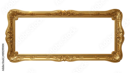 An ornate gilded rectangular frame with detailed floral carvings perfect for artwork on transparent background