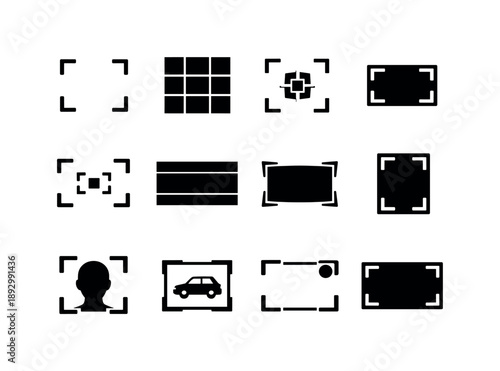 Camera Framing Icons. Camera Framing Technique. Solid icon set of Camera Framing Technique: viewfinder frame, rule of thirds grid, center focus frame, subject