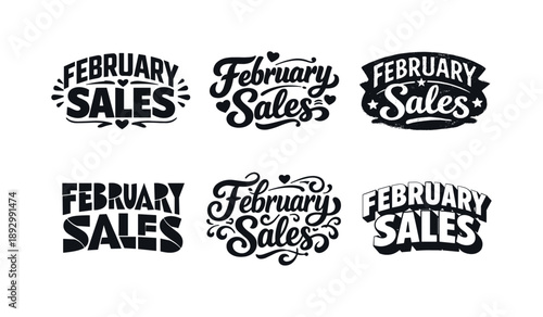 Creative February Lettering. February Sales Mood. Set lettering. harmonious lettering variations of the same emblematic concept, each with different artistic