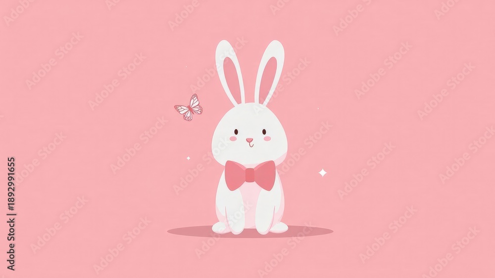 Fototapeta premium A cute white bunny with a pink bow tie sits on a pink background, with a butterfly nearby. Concept Cute bunny portrait, White bunny with pink bow tie, Pink background, Butterfly nearby