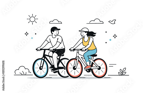 Cycling Companions. Outdoor couple bonding. Two people ride bicycles side by side on a simple path, enjoying fresh air and freedom. Calm activity, partnership,
