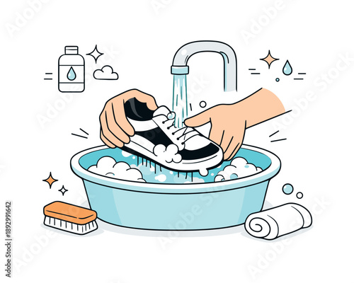 Gentle Shoe Cleaning. Outdoor shoe cleaning. Person rinsing shoes under a faucet or in a basin, with gentle water flow and bubbles, emphasizing a careful