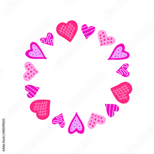 Cute round frame with pink hearts isolated on white background. Valentines day celebration.