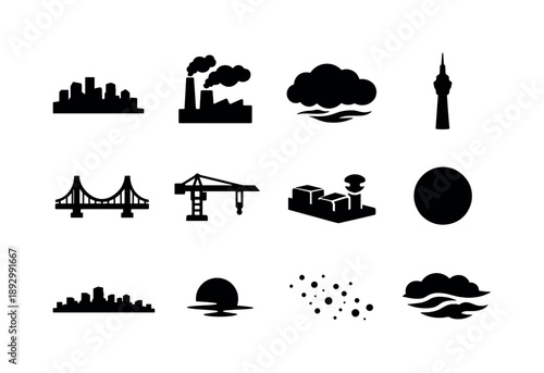 Smoky Skyline Icons. Smoky skyline. Solid icon set of Smoky skyline: hazy buildings, rising smoke, industrial chimney, smog cloud, silhouetted tower, bridge