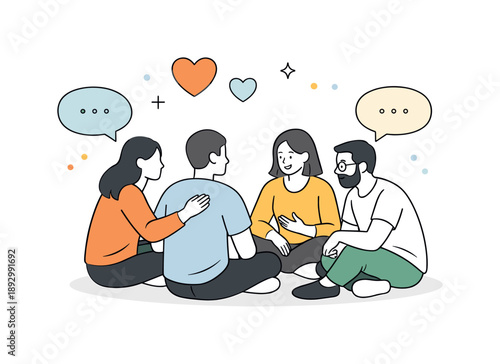 Supportive Community Circle. Emotional support circle. A small group comforting and listening to one another, subtle floating speech bubbles and abstract heart