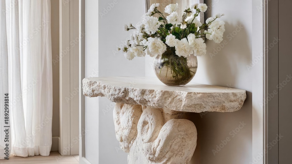 Fototapeta premium A rustic carved stone mantel with a round glass vase of white flowers on top. Concept Rustic Fireplace Decor, Stone Mantel, White Flower Vase, Cozy Home Decor, Still Life Decor