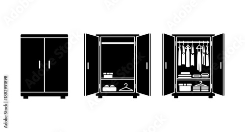 Wardrobe icon set showing closed, partially open, and fully open with clothes