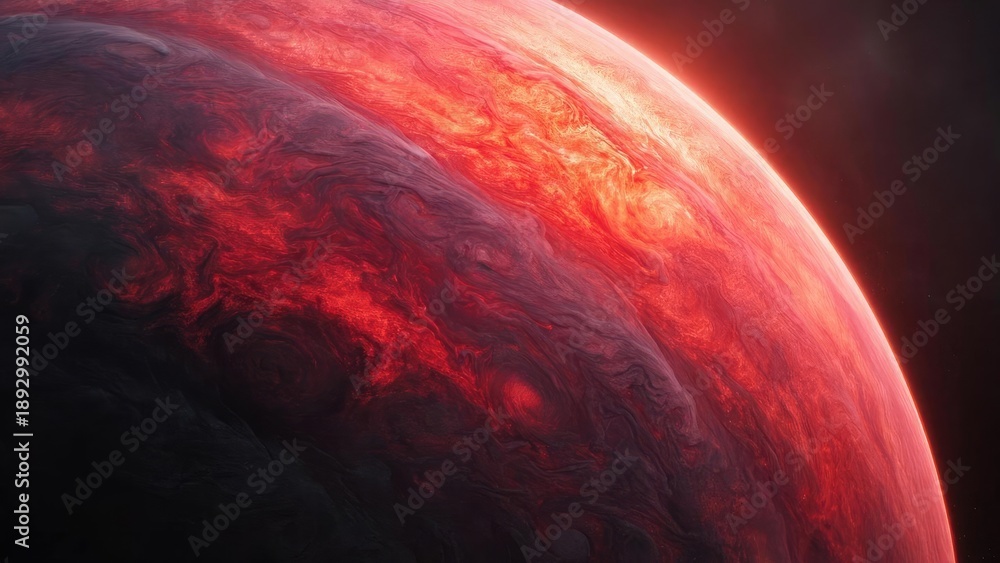 Fototapeta premium Close-up of a red, stormy planet with swirling crimson clouds and a glowing limb against black space. Concept Red Planet Close-Up, Stormy Crimson Clouds, Glowing Limb, Space Backdrop, Cosmic Drama
