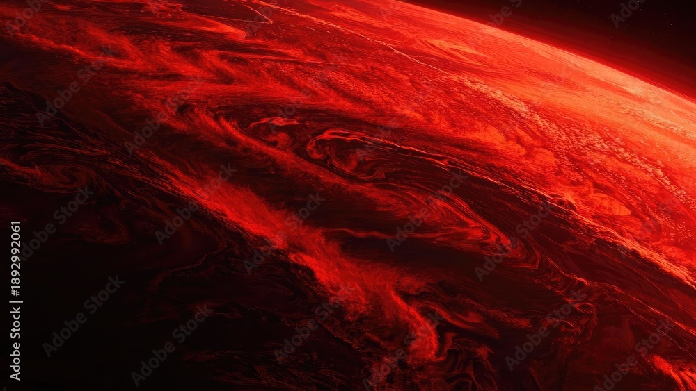 Fototapeta premium A fiery red planet with swirling storm bands seen from space. Concept Fiery red planet, Swirling storm bands, View from space, Gas giant atmosphere, Intense planetary storms