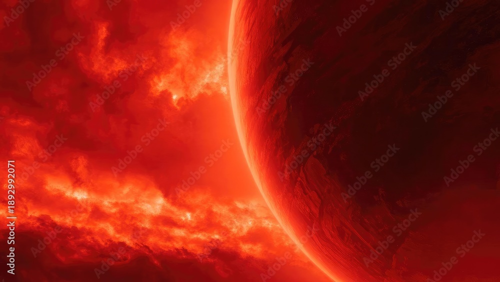 Fototapeta premium A red-hot planet with a bright rim against a fiery, cloud-filled red sky. Concept Red-hot planet, bright rim, fiery red sky, cloud-filled atmosphere, space illustration