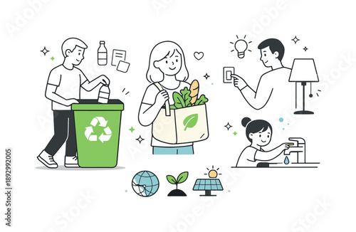 Eco Habits Illustration. Eco friendly habits. People practicing simple green actions like recycling, using reusable bags, and saving energy, calm everyday