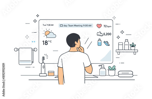 Smart Mirror Morning. Smart mirrors and interactive home tech. A modern bathroom scene with a person standing in front of a smart mirror displaying weather,