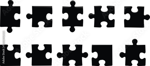   
Vector illustration of ten unique black puzzle pieces with varied tab and blank configurations in two-row layout