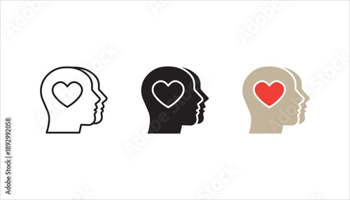 Head heart icon set. concept of love or amour good feeling and harmony with smile face, vector illustration on white background