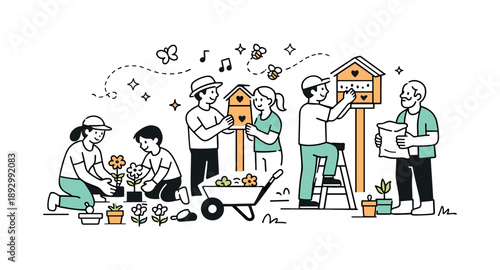 Bee Conservation Initiative. Community bee conservation project. People planting flowers and setting up bee houses together, friendly collaboration and shared