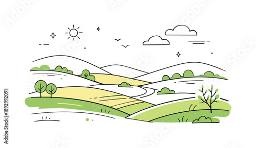 Spring Hills Serenity. Early spring hills illustration. Soft rolling hills with emerging greenery, simple clouds and clean composition, peaceful optimistic