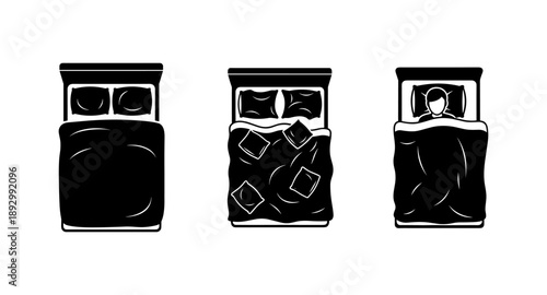 Top view of three beds: one empty, one with ice cubes, and one with a person sleeping