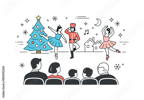 Holiday Ballet Audience. People watching holiday ballet. Audience sitting quietly in a theater and watching a festive ballet performance, calm attention and
