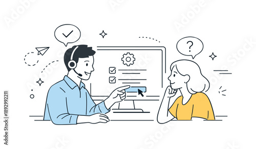 Tech Support Guidance. Technical support assistance. A support agent guiding a customer through a solution on a screen. Clear communication and trust with calm
