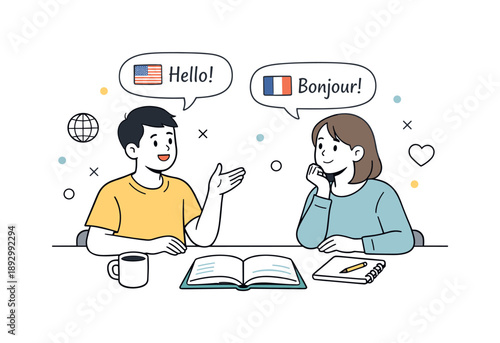 Conversational Language Learning. Language learning illustration. Two people practicing conversation at a table, one speaking and the other listening