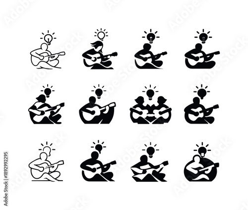 Creative Icons Grid. Inspired individuals engaged in creative processes (art, writing, music). Icon set. Set Logo of inspired individuals engaged in creative