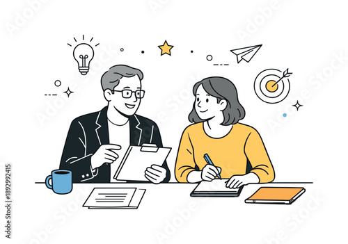 Mentorship Meeting Scene. Mentor and mentee meeting. Two professionals sitting side by side, discussing documents and career goals. A sense of trust, learning,