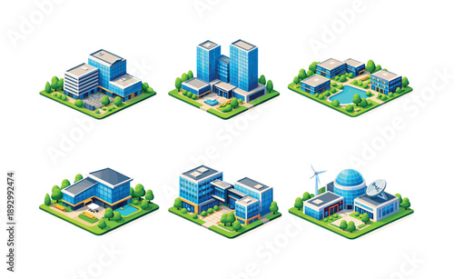 Corporate Campus Icons. Corporate campus. Isometric flat vector icons set of Corporate campus: office campus building, headquarters complex, landscaped