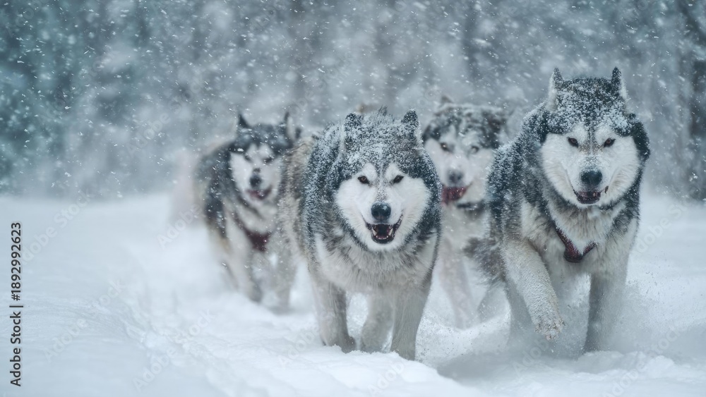 Fototapeta premium A team of Siberian huskies sprinting through fresh snow in a wintry forest. Concept Siberian Huskies, Snow Sprint, Winter Forest, Action Dog Photography, High-Energy Canines