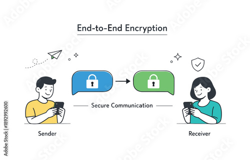 Secure Messaging Illustration. End-to-end encryption. Abstract diagram with sender and receiver connected by locked message bubbles, clean explanatory layout.