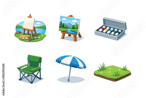 Isometric Outdoor Art Supplies. Outdoor Painting. Isometric flat vector icons set of Outdoor Painting: portable easel near lake, canvas with forest view, paint