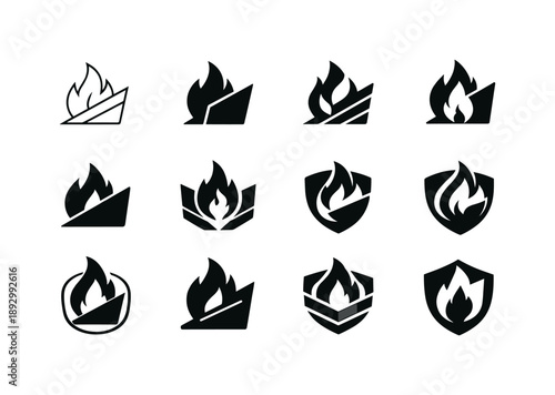 Heat-Resistant Icons Collection. Heat-resistant materials. Icon set. Set Logo of Heat-resistant materials: flame icon with protective barrier. harmonious logo