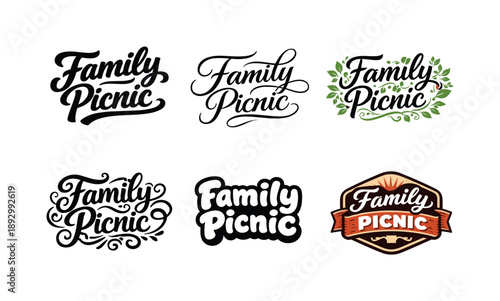 Family Picnic Lettering. Family picnic. Set lettering. harmonious lettering variations of the same emblematic concept, each with different artistic