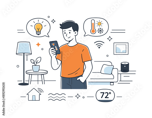 Smart Home Comfort. Home automation and smart home systems. A person calmly controlling lights and temperature from a smartphone, standing inside a modern