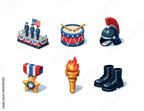 Patriotism Icon Set. Patriotism. Isometric flat vector icons set of Patriotism: military parade platform, ceremonial drum, honor guard helmet, medal with