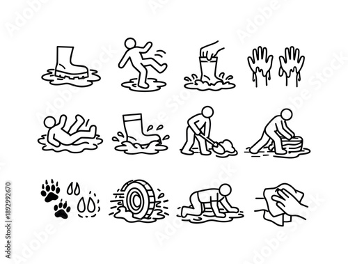 Mud Interaction Icons. Mud Interaction. Line icon set of Mud Interaction: stepping in mud, slipping in mud, pulling boot from mud, muddy hands, falling in mud,