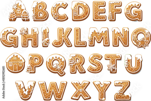 Vector illustration of uppercase gingerbread alphabet with festive icing details, holiday cookie design, Christmas decorative lettering concept