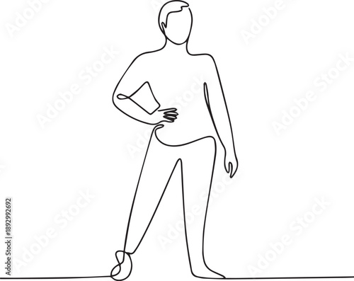 A confident person stands with hand on hip in a simple line art illustration