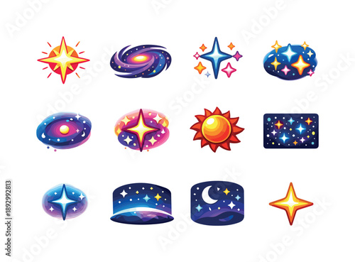 Colorful Cosmic Icons. Distant stars. Colorful isometric vector icons set of Distant stars: glowing star, far galaxy, twinkling starlight, star cluster, deep
