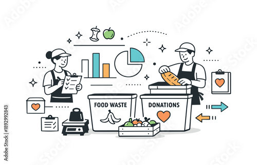 Efficient Waste Management. Food waste management in hospitality. Staff tracking leftovers and donations using simple charts and containers. Responsible and