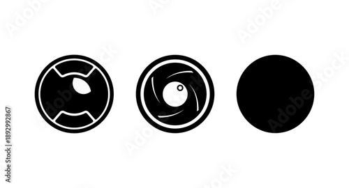 Three black icons representing camera aperture, lens diaphragm, and a solid circle