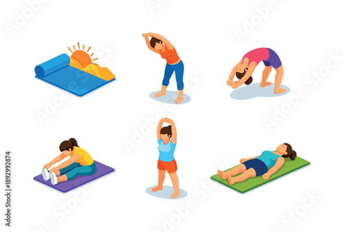 Morning Stretch Icons. Morning Stretch. Isometric flat vector icons set of morning stretch: sunrise yoga mat, standing side stretch pose, backbend stretch