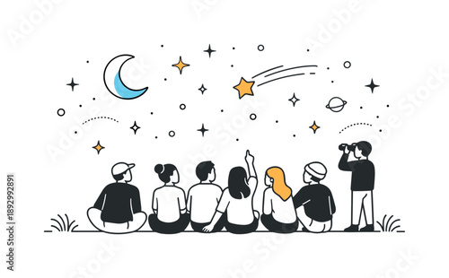 Stargazers in Harmony. Night sky gathering. A group of people silhouetted against a starry background, peaceful pause and collective focus on the universe.