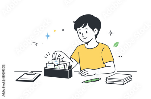 Organized Receipt Holder. Receipt holder organization. A simple desk scene with a person placing paper receipts into a slim holder, keeping documents tidy.