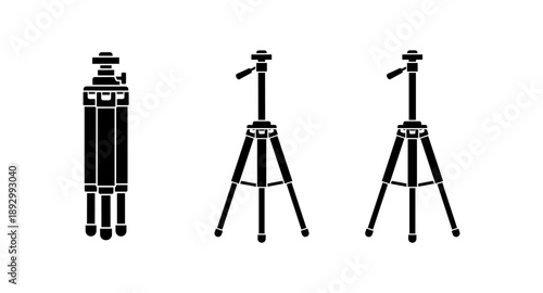 Three black tripods shown in different configurations on a white background